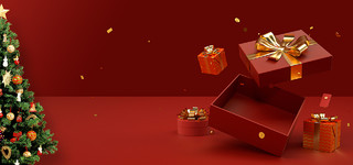 3D年货节C4D红色圣诞树礼物盒圣诞节新年春节元旦展台电商背景